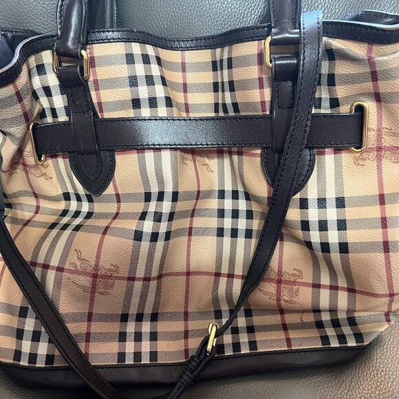 Burberry Dark Brown/Beige Haymarket Check Coated Canvas and Leather Medium Golde - Picture 2 of 2